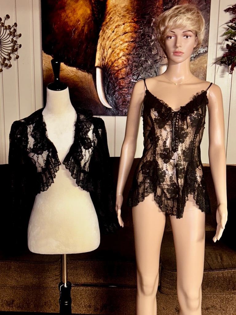 Vintage  Small  Black  Sexy  Babydoll  Cardigan Camisole Lingerie Set
